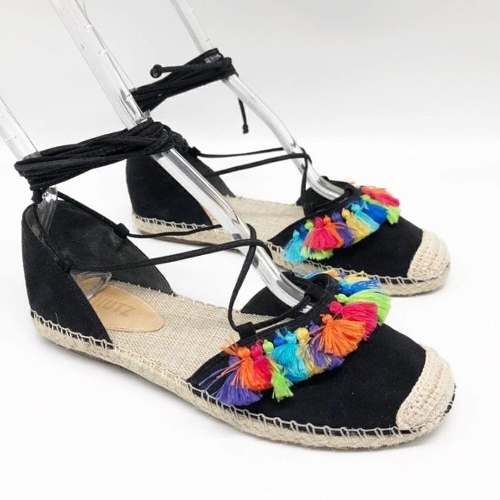 SCHUTZ Asha Black Suede Tassel Flat Espadrille
